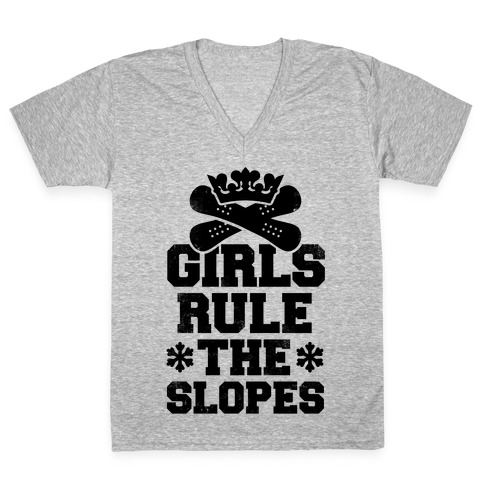 Girls Rule The Snowboarding Slopes Vintage Style V-Neck Tee Shirt