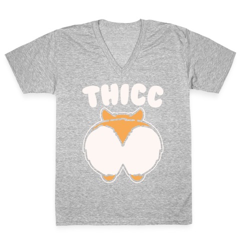 Thicc Corgi Butt Parody White Print V-Neck Tee Shirt